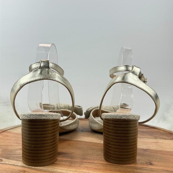 LOFT Beige Woven Bow Block Heel Ankle Strap Sz 9.5M Sandals Gold Shimmer Party - Picture 5 of 12